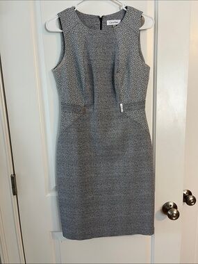 Calvin Klein Black and White Textured Sleeveless Midi Sheath Dress